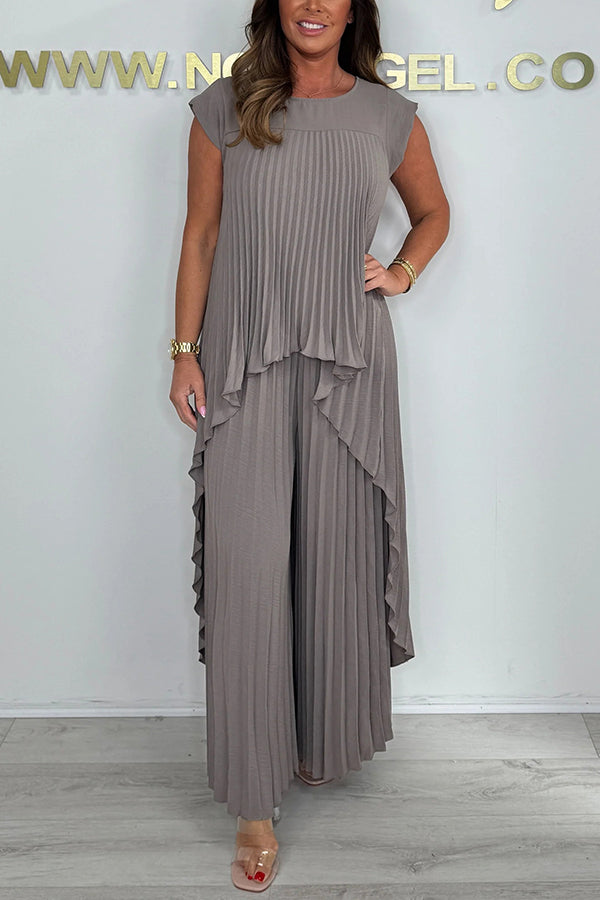 Set of pleated short-sleeved irregular midi top and wide-leg trousers with elasticated waist - onlinemegasale.com