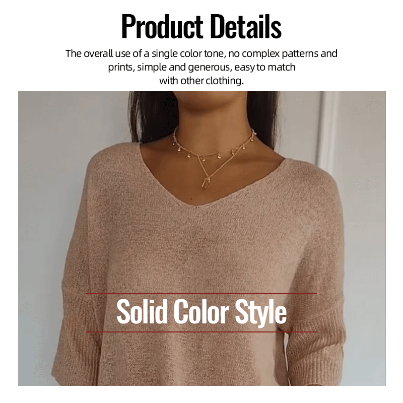 Solid Color Knitted V-neck Top - onlinemegasale.com