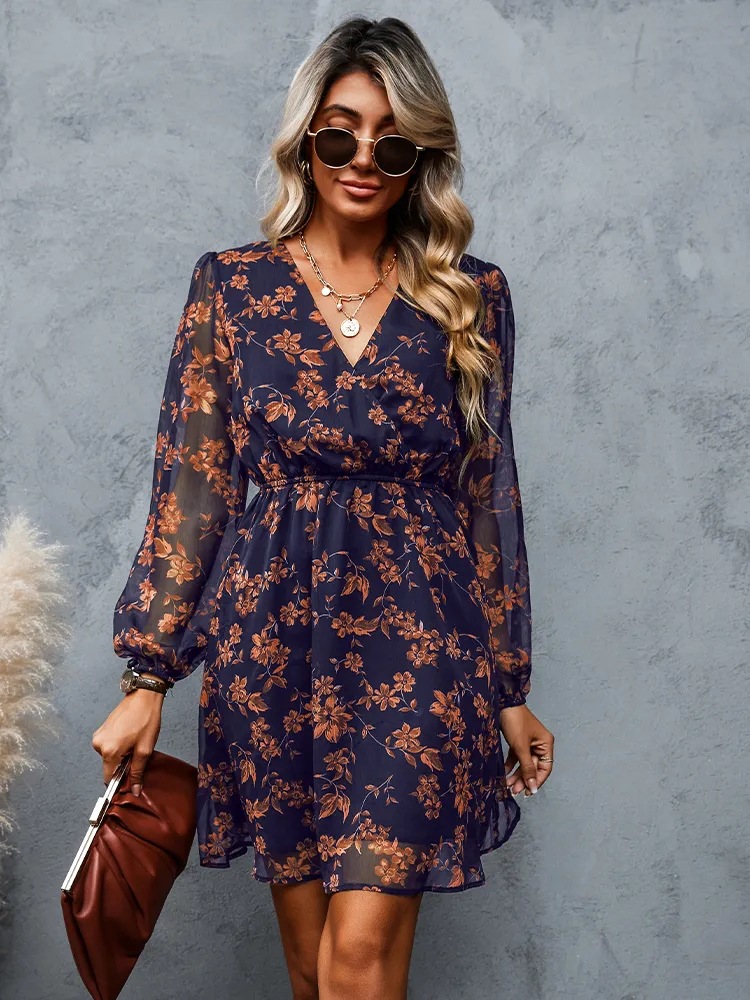 Dress V-neck elegant chiffon printed floral spring see-through skirt - onlinemegasale.com