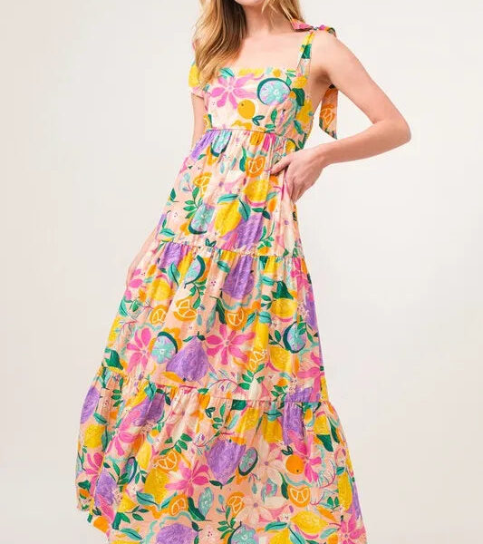 Shoulder Strap Tropical Fruit Printed Tiered Maxi Dress