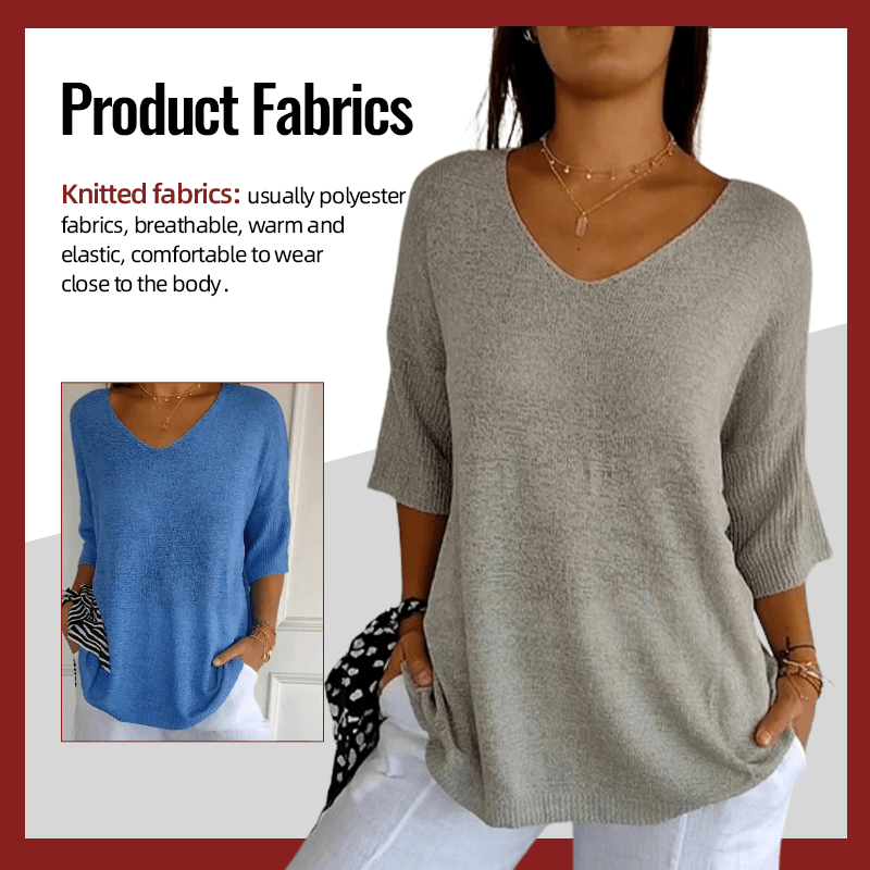 Solid Color Knitted V-neck Top - onlinemegasale.com