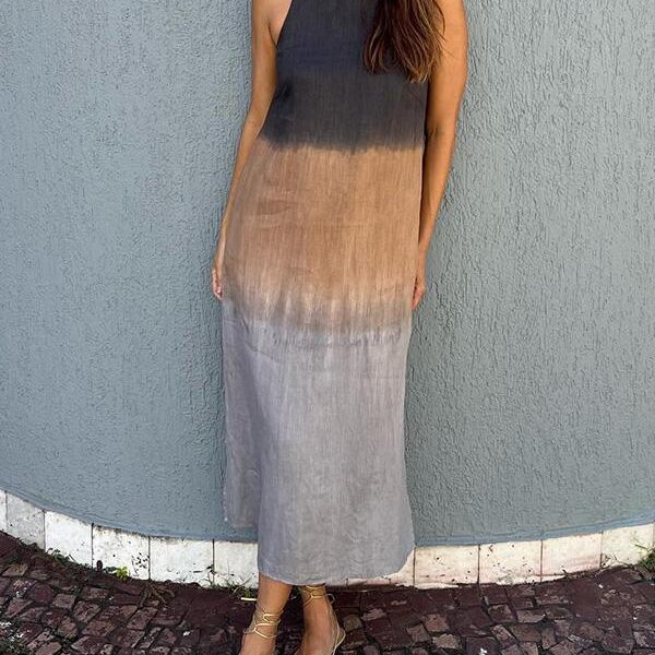 [Same Day Delivery]Women's casual cotton and linen sleeveless slit gradient tie-dye long dress
