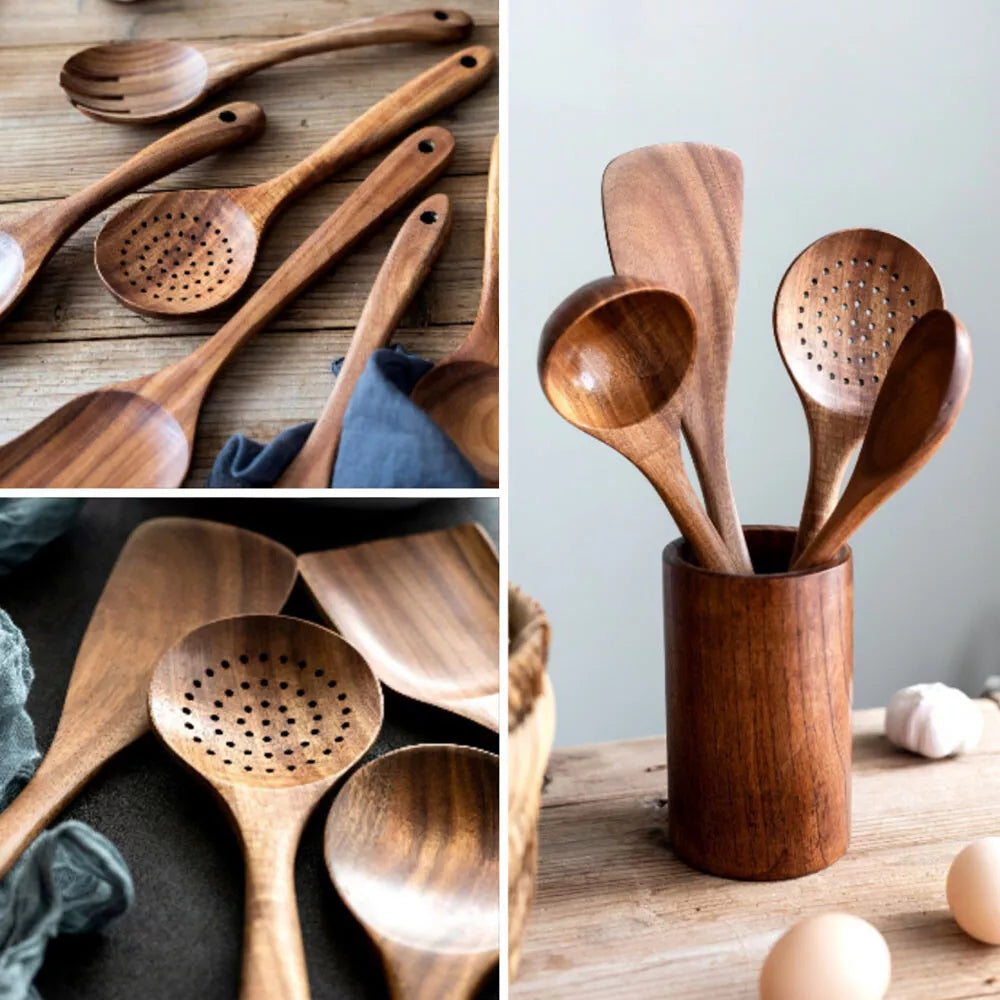 7 set of Teak Natural Wood Cooking spoons - onlinemegasale.com