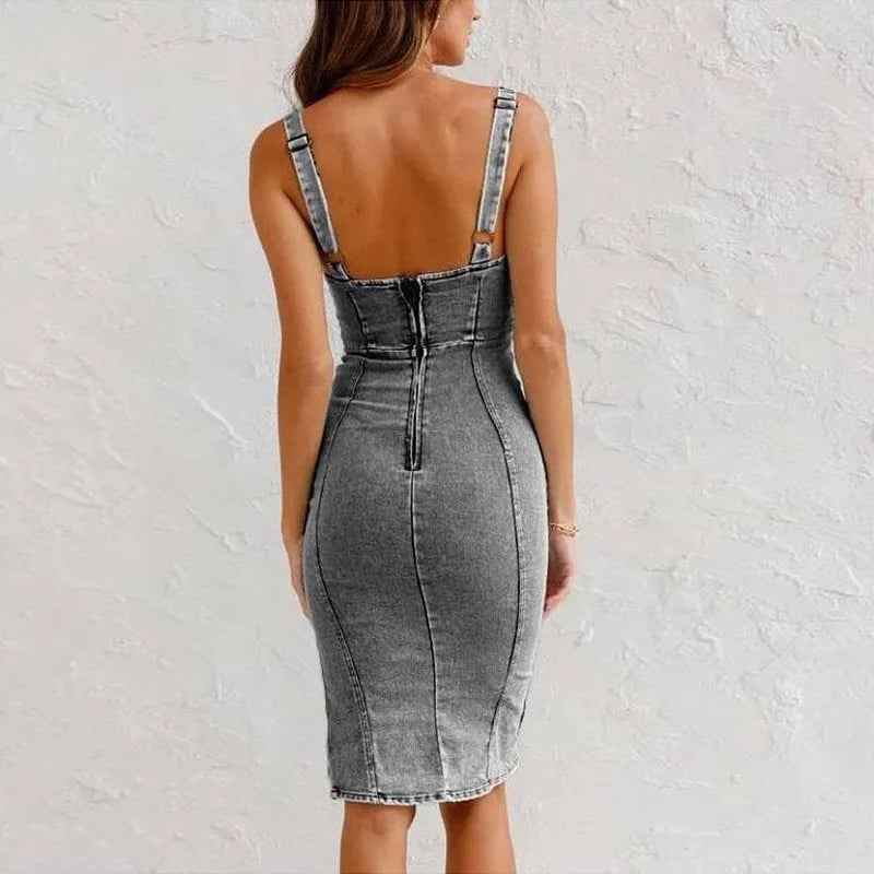 Adjustable strap U-neck split denim bodycon cami dress - onlinemegasale.com