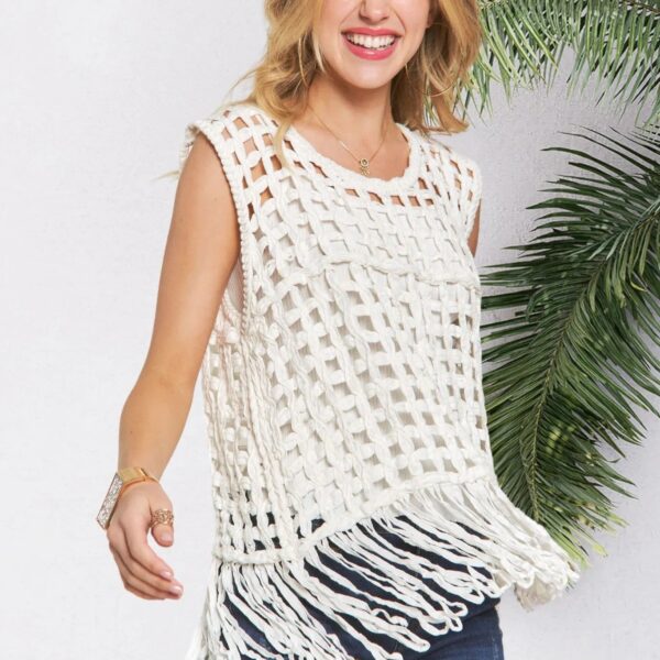 Fishnet Cover Up Top With Fringe Hem