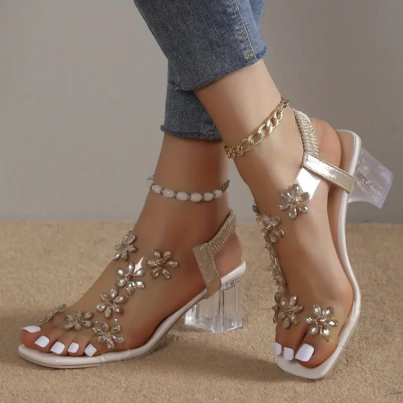 🔥Last Day Promotion 50% OFF - Women's Flower Rhinestone Block Heel Sandals - onlinemegasale.com