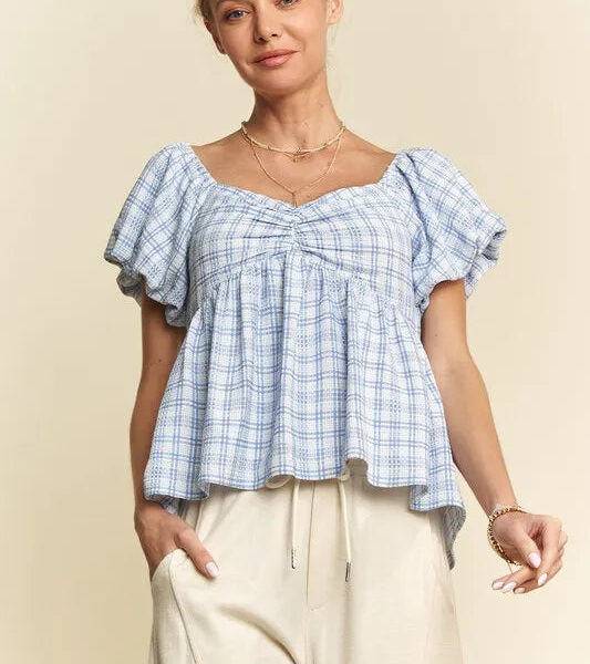 Davi & Dani Plaid Puff Sleeves Ruffled Smocked Blouse