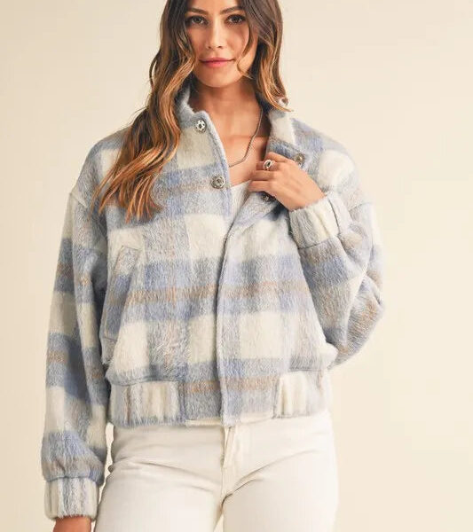 Plaid Print Fuzzy Bomber Jacket