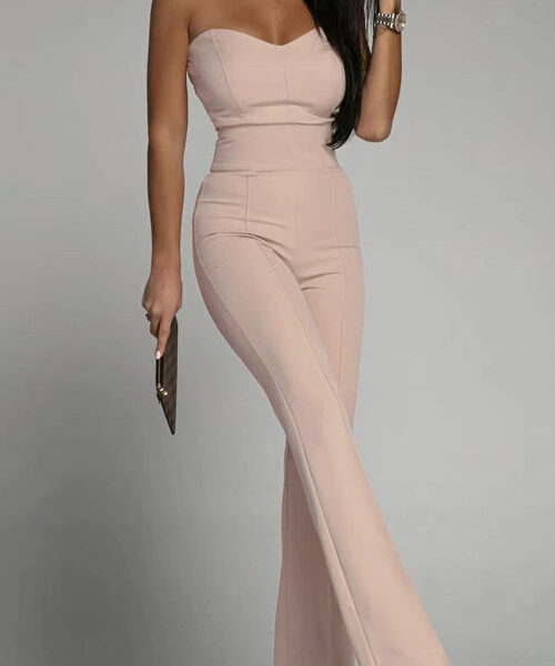 Chic Women's Strapless Jumpsuit - Tailored Bodice - High-Waisted Flared Legs - Perfect for Elegant Occasions