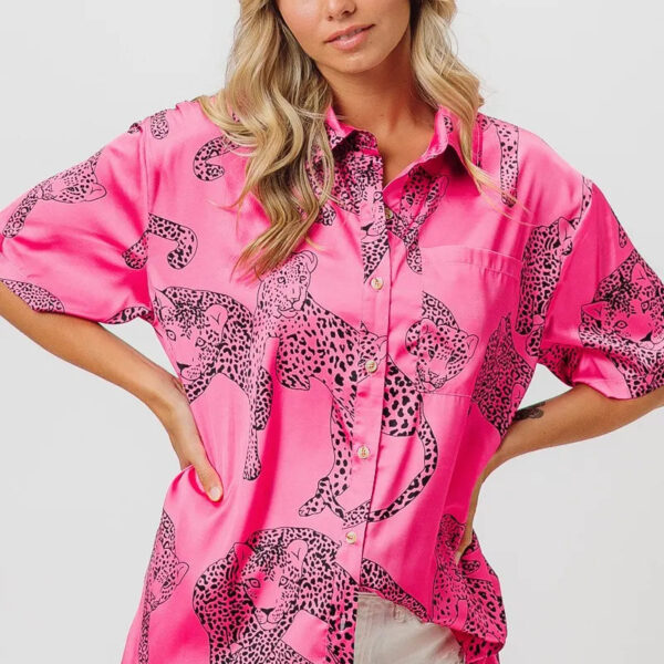 Leopard Print Short Sleeve Silky Satin Shirt Top
