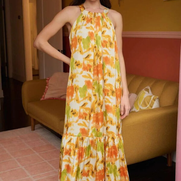Watercolor Print Halter Neck Satin Maxi Dress