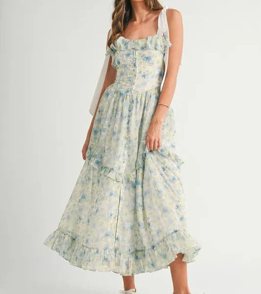Floral Printed Shoulder Strap Midi Dress