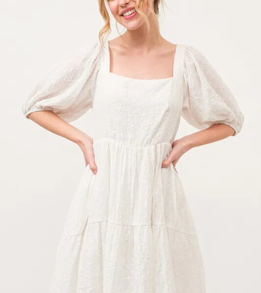 Square Neck Puff Sleeve Tiered Mini Dress