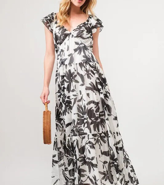 Ruffled Sleeve Tiered Floral Print Maxi Dress