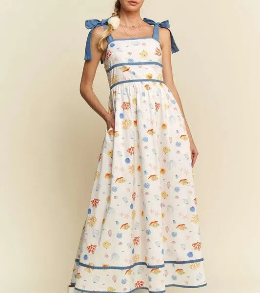 Denim Binding Detail Smocking Summer Maxi Dress