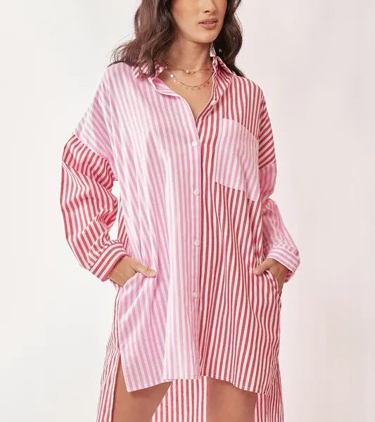 Multi Color Stripe Mixed Button Front Tunic Shirt Dress