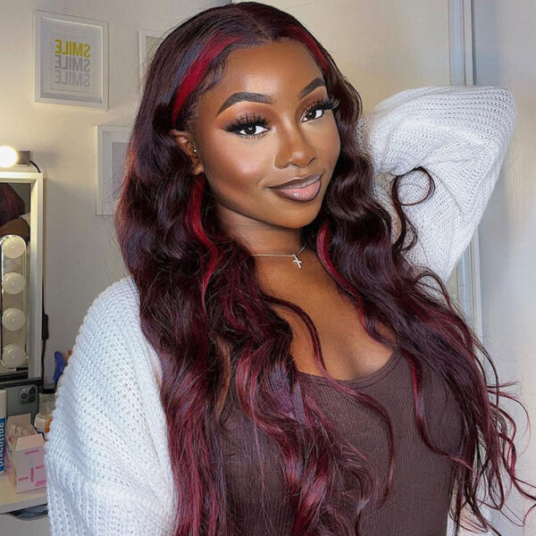 13x4 Lace Frontal Wig Sexy Loose Wave Ombre Highlight Dark Burgundy with Rose Red Wig