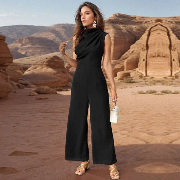 Chic Women's Sleeveless High Collar Top and Stylish Wide-Leg Pants Set