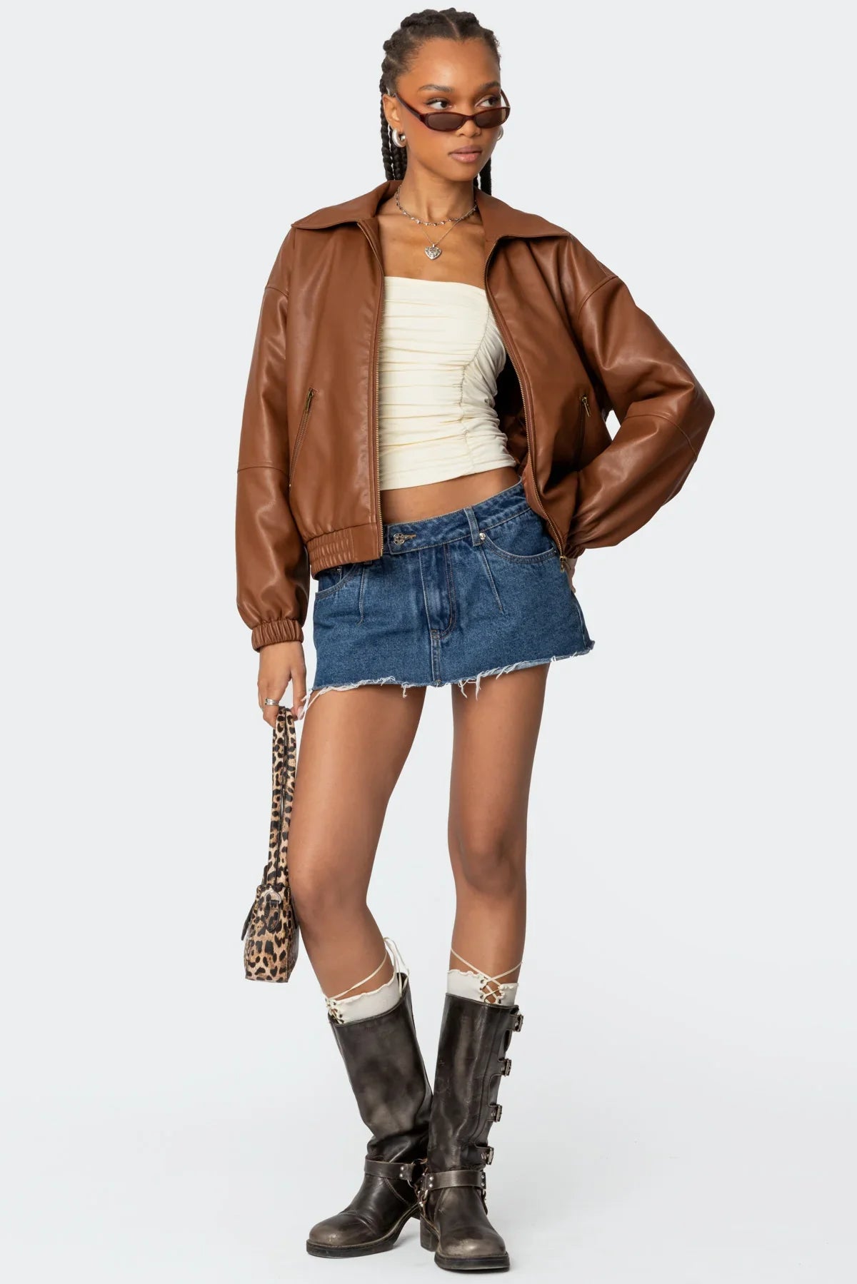 Nata - Oversized Faux Leather Bomber Jacket - onlinemegasale.com