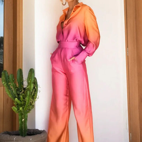 Chic Women's Silky Satin Jumpsuit - Effortless Wide-Leg Elegance with Button-Down Long Sleeves