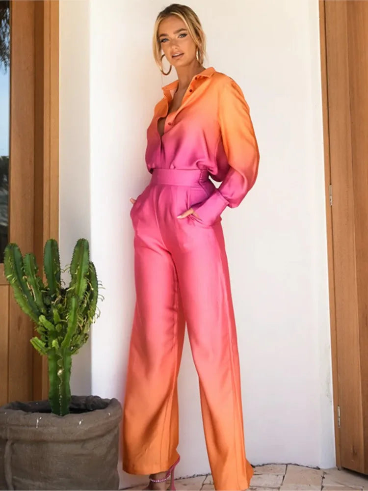 Gradient-Printed-Satin-Two-Piece-Set-Women-Long-Sleeved-Shirts-High-Waist-Loose-Straight-Pants-Sets Chic Women's Silky Satin Jumpsuit - Effortless Wide-Leg Elegance with Button-Down Long Sleeves - onlinemegasale.com