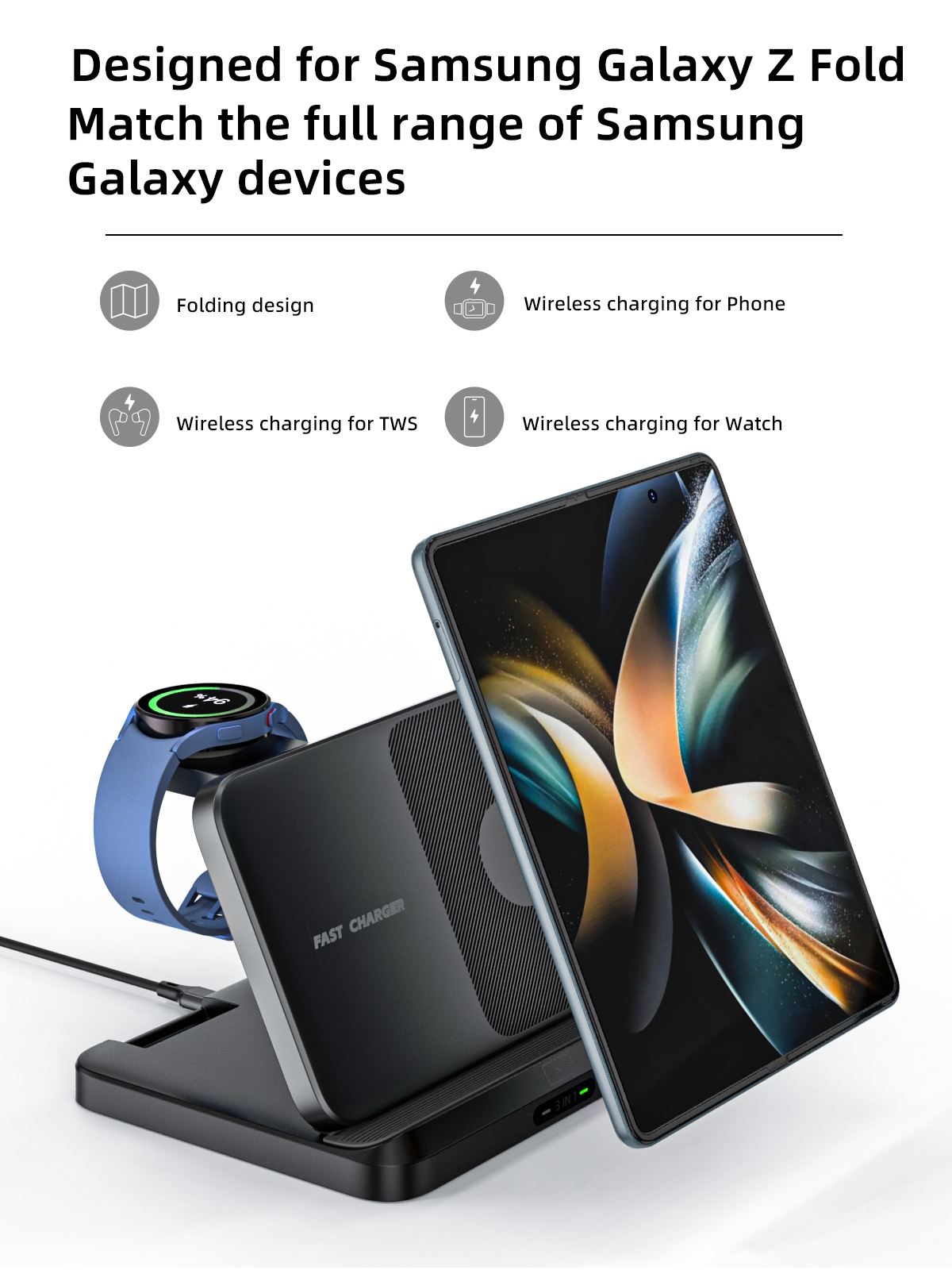 Foldable 3 in 1 Wireless Charger For Samsung Galaxy Z Flip Series - onlinemegasale.com