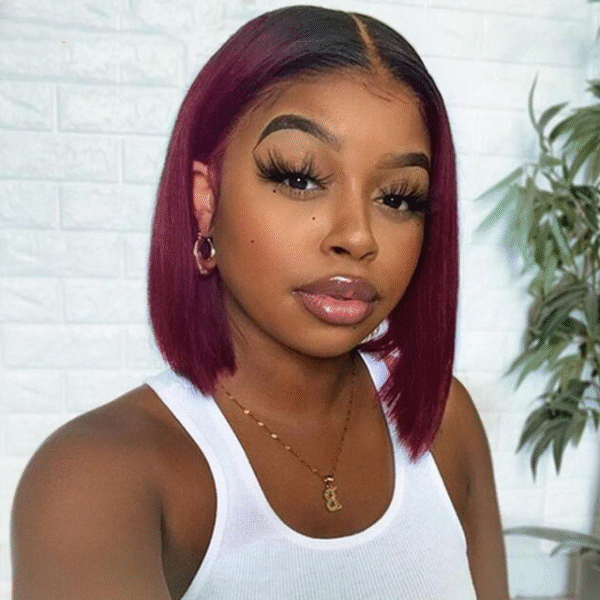 Cranberry 1B/99J Ombre Straight Short Bob 13X4 Lace Front Wigs For Black Women 150% Density