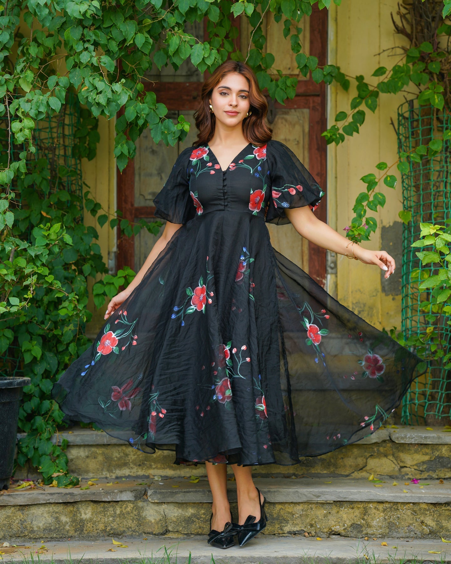 JBL07467 Amaranta™ - Black Handpainted Floral Dress - onlinemegasale.com