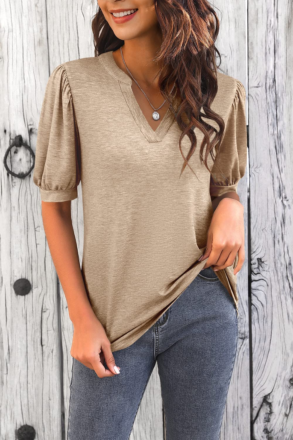 Jimena™ - V-Neck T-Shirt with Puff Sleeves - onlinemegasale.com