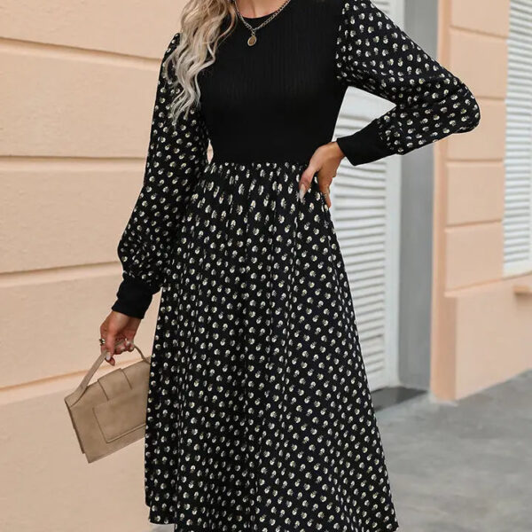 Chic Printed Long Sleeve Dress with Round Neck