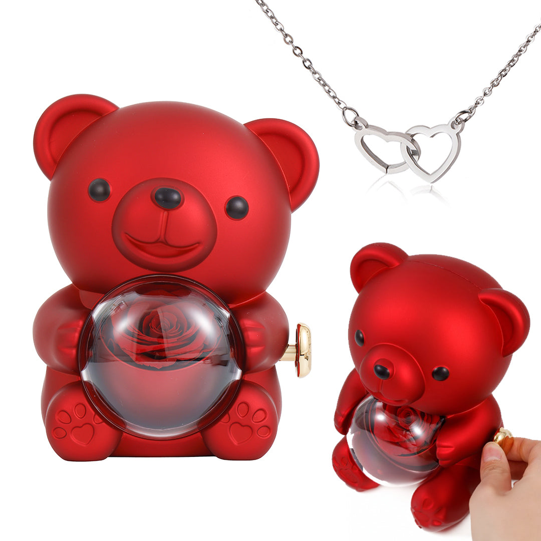 Red-Silver-B01 Engraved Heart Necklace - with real Rose Bear Giftbox - onlinemegasale.com