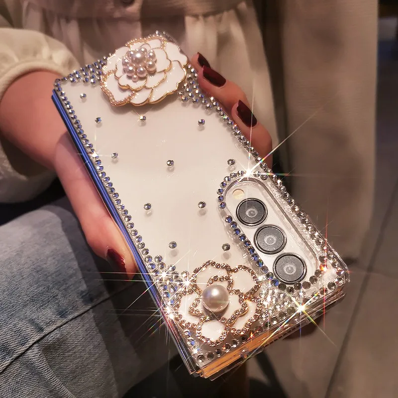 Bling Rhinestone Flower Transparent Hard PC Phone Cover For Samsung Galaxy Z Fold - onlinemegasale.com