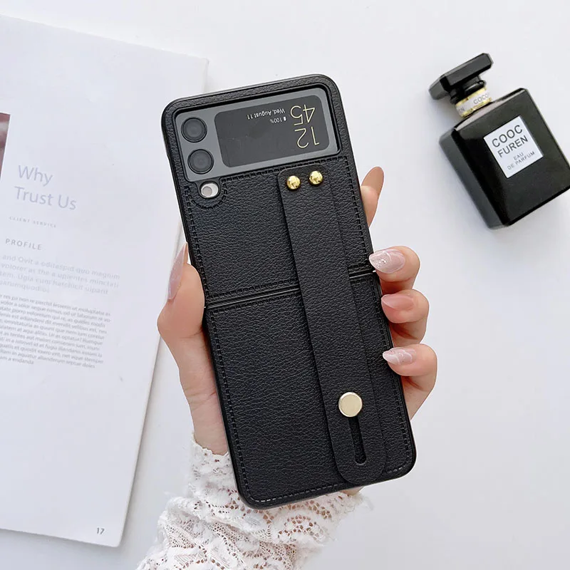 Luxury Wrist Strap Holder Leather Phone Case For Samsung Galaxy Z Flip - onlinemegasale.com