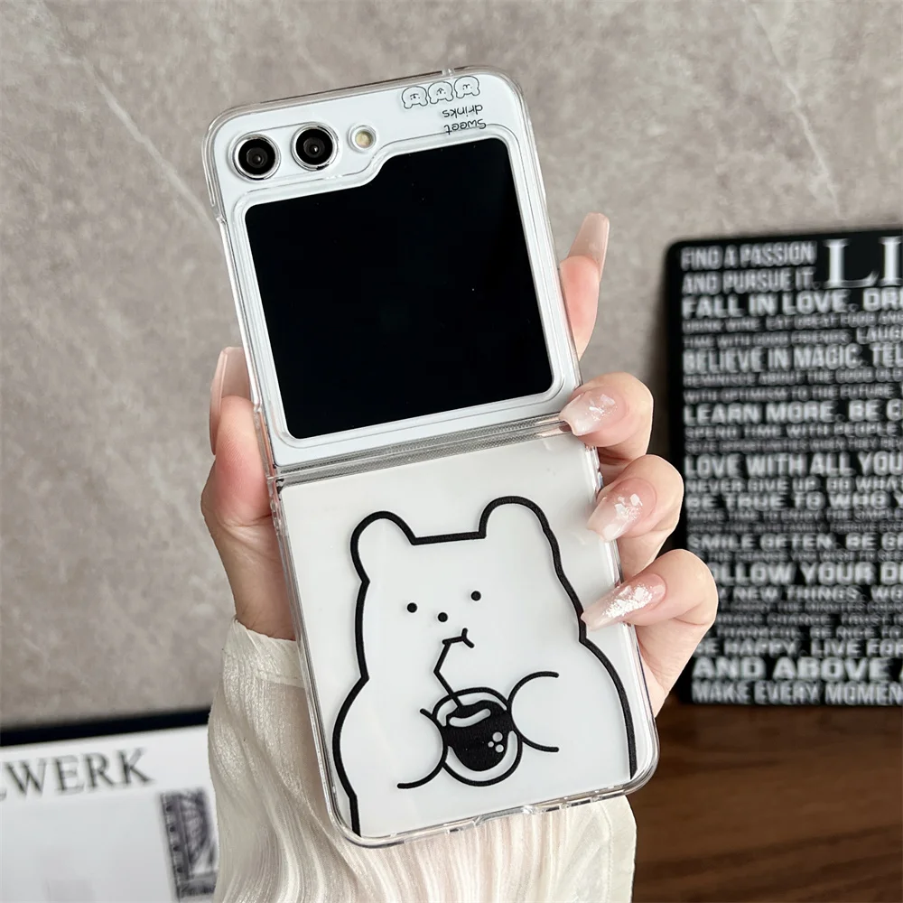 Cute Bear Transparent Pearl Bracelet Case for Samsung Galaxy Z Flip 5 - onlinemegasale.com