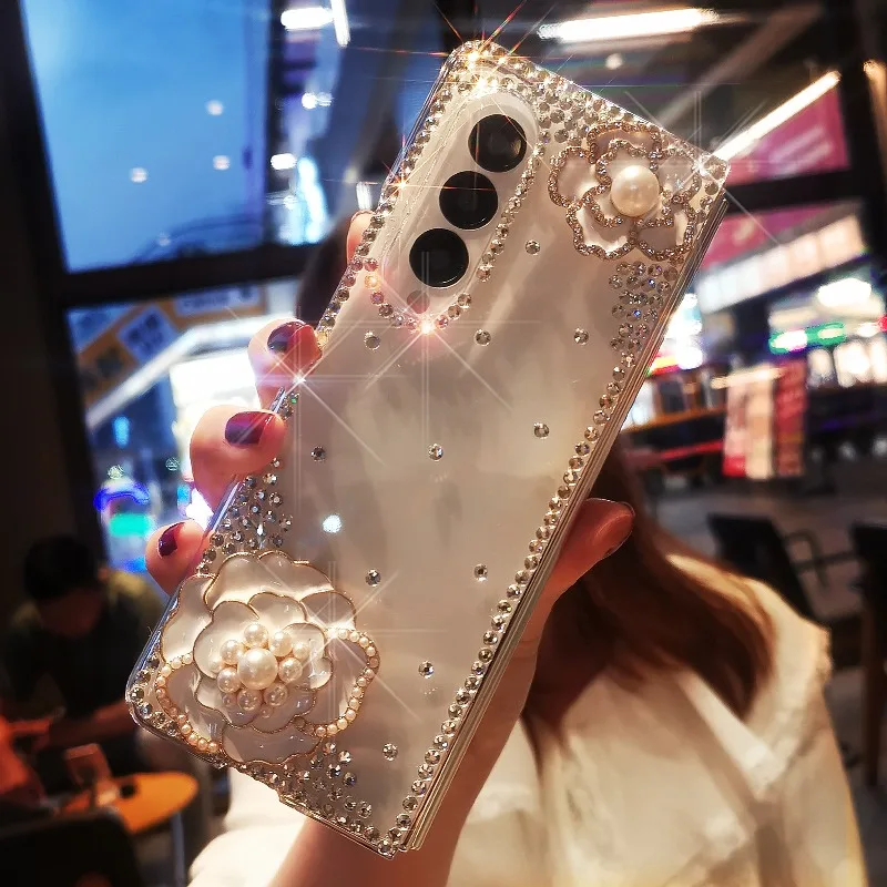 Bling Rhinestone Flower Transparent Hard PC Phone Cover For Samsung Galaxy Z Fold - onlinemegasale.com