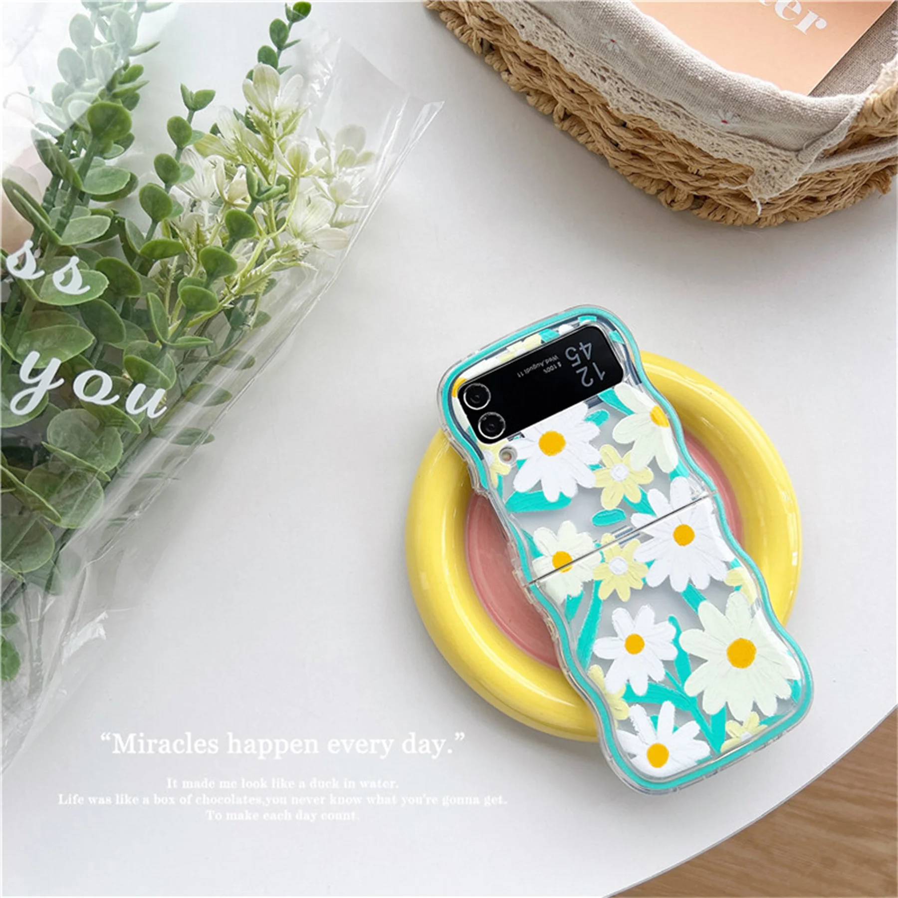 Cute Oil Painting Flower Floral Lattice Wavy Case for Galaxy Z Flip - onlinemegasale.com