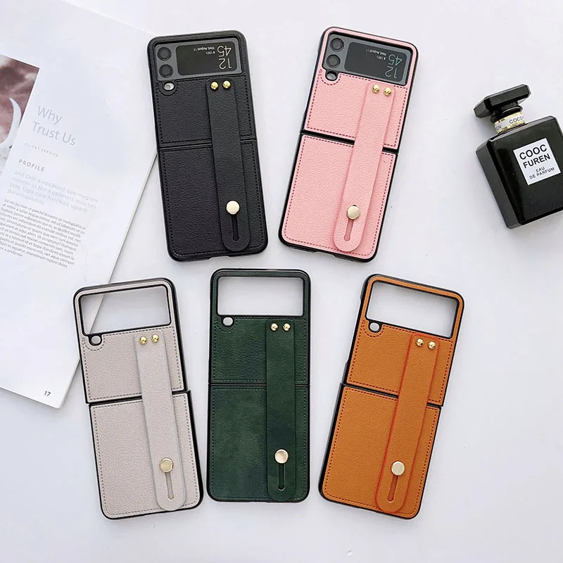 Luxury Wrist Strap Holder Leather Phone Case For Samsung Galaxy Z Flip - onlinemegasale.com