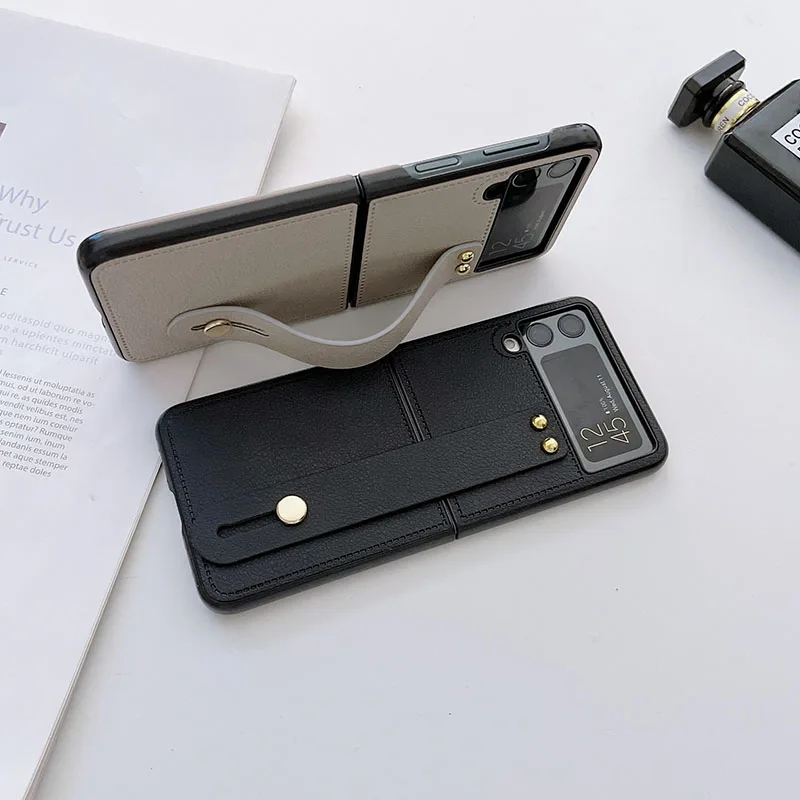 Luxury Wrist Strap Holder Leather Phone Case For Samsung Galaxy Z Flip - onlinemegasale.com