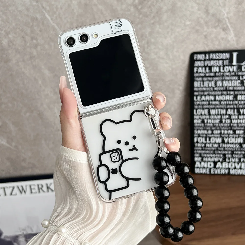 Cute Bear Transparent Pearl Bracelet Case for Samsung Galaxy Z Flip 5 - onlinemegasale.com