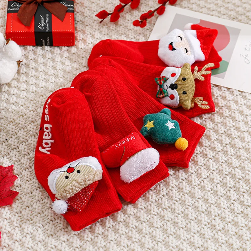 Baby Girl Socks Christmas Winter Thickened Cartoon Baby Non-slip Floor Shoes Christmas Socks Child Toddlers Red Floor Baby Sock - onlinemegasale.com