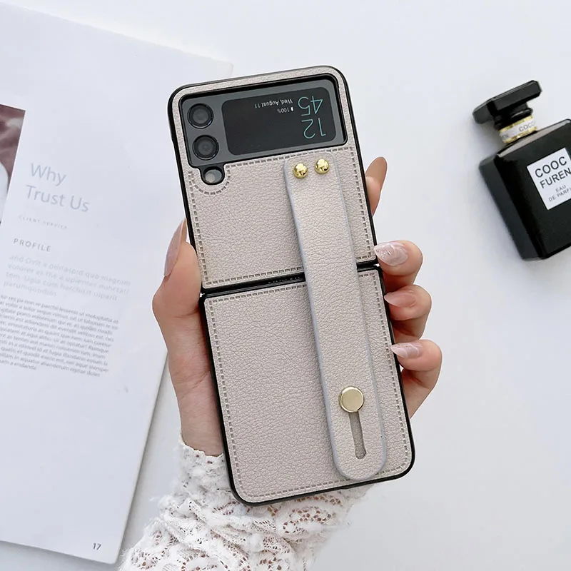 Luxury Wrist Strap Holder Leather Phone Case For Samsung Galaxy Z Flip - onlinemegasale.com