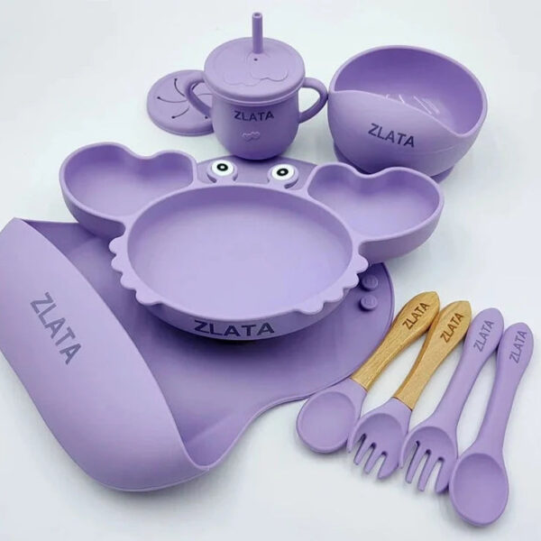 Crab Plate For Baby Silicone Tableware Suction Bowl Plate Tray Bibs Spoon Personalized Name Baby's Name Feeding Set For Kids