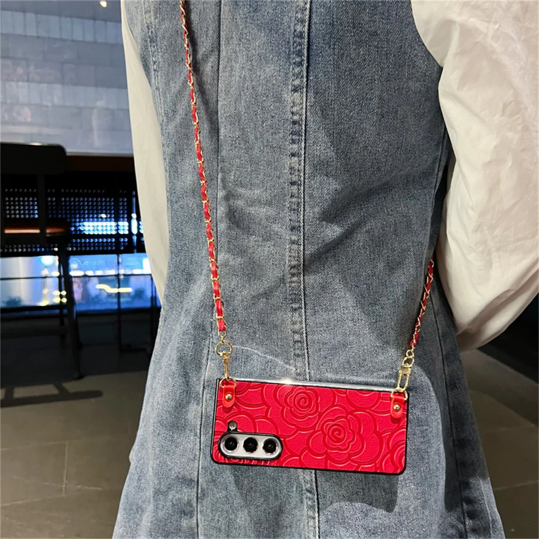 Korean Luxury Camellia Leather Crossbody Lanyard Phone Case for Samsung Galaxy Z Fold Series - onlinemegasale.com