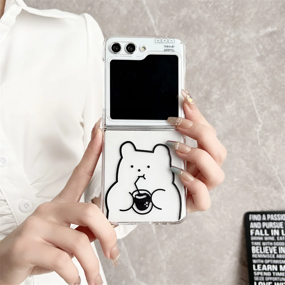 Cute Bear Transparent Pearl Bracelet Case for Samsung Galaxy Z Flip 5 - onlinemegasale.com