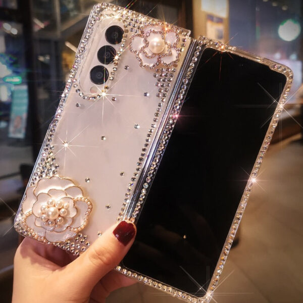 Bling Rhinestone Flower Transparent Hard PC Phone Cover For Samsung Galaxy Z Fold