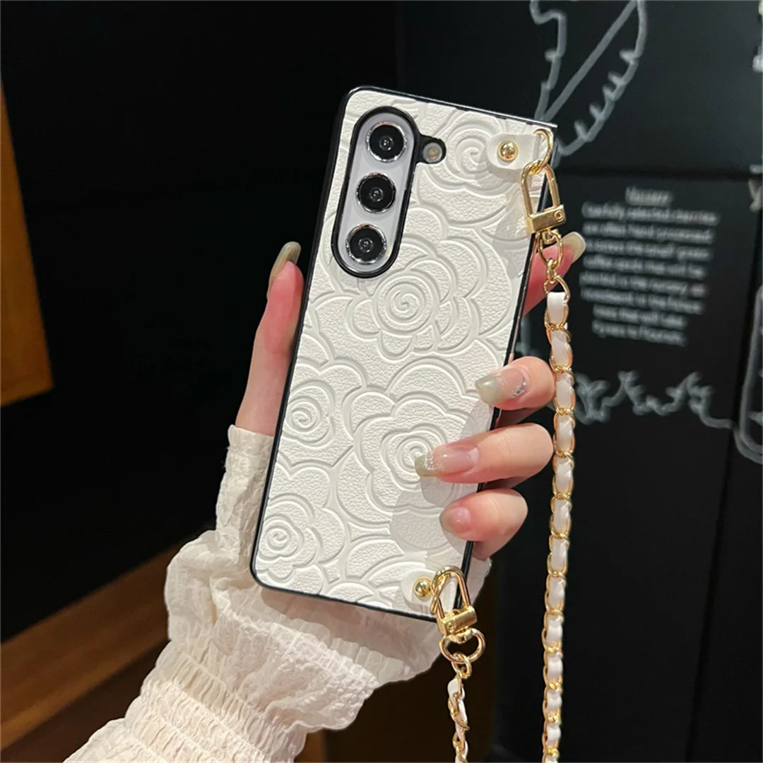 S4a6e73b33912494b900f87380eb17ed5G Korean Luxury Camellia Leather Crossbody Lanyard Phone Case for Samsung Galaxy Z Fold Series - onlinemegasale.com