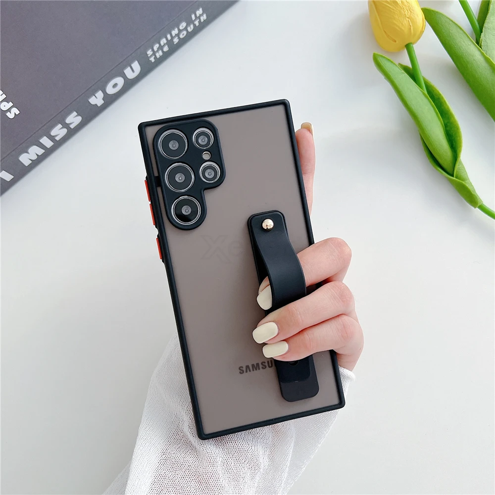 Wrist Strap Stand Clear Matte Case For Samsung S22 Series - onlinemegasale.com