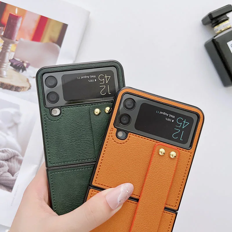 Luxury Wrist Strap Holder Leather Phone Case For Samsung Galaxy Z Flip - onlinemegasale.com