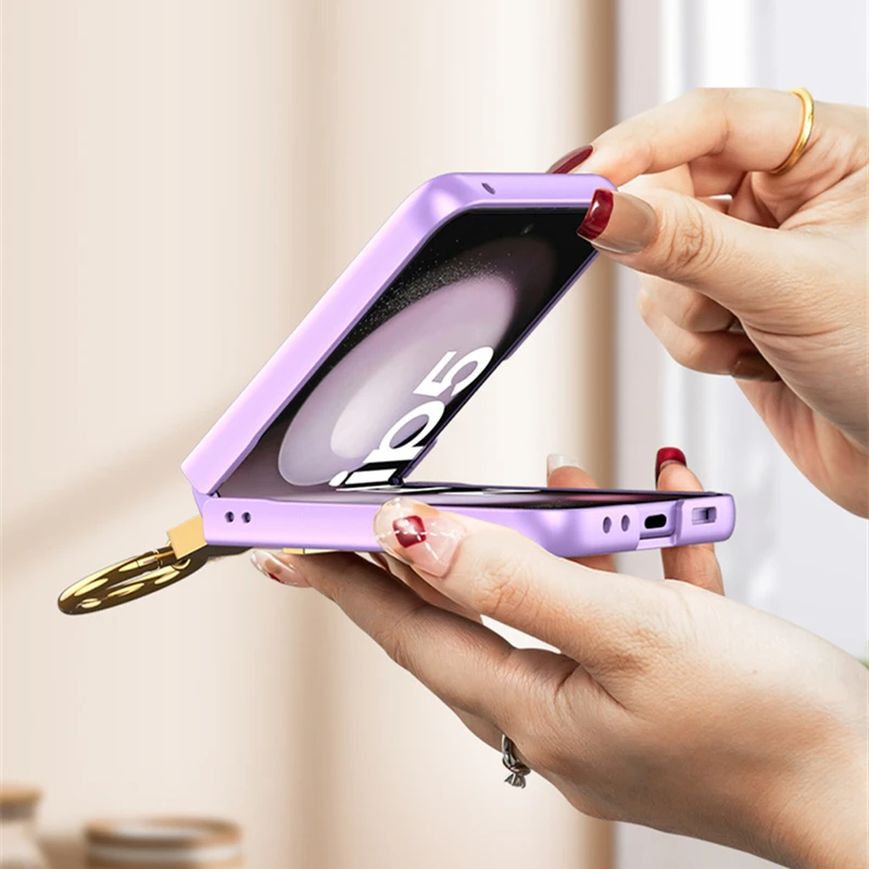 Leather Case With Z Finger Ring & Lens Glass for Samsung Galaxy Z Flip 5 - onlinemegasale.com