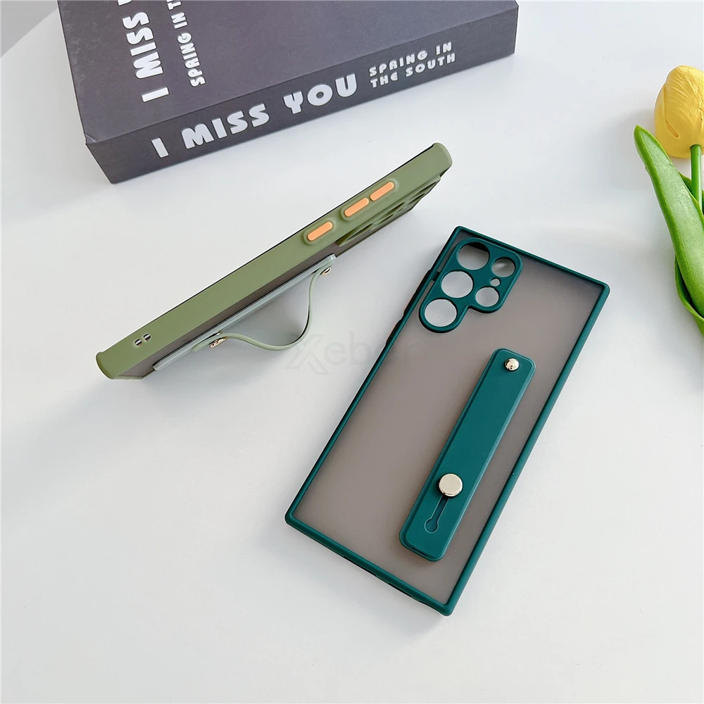 Wrist Strap Stand Clear Matte Case For Samsung S22 Series - onlinemegasale.com